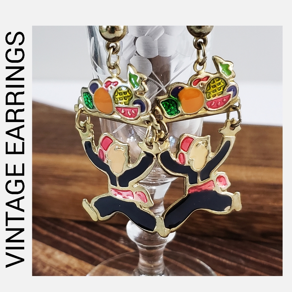 Vintage Butler Server Earrings in Painted Enamel and Goldtone Unique Pair